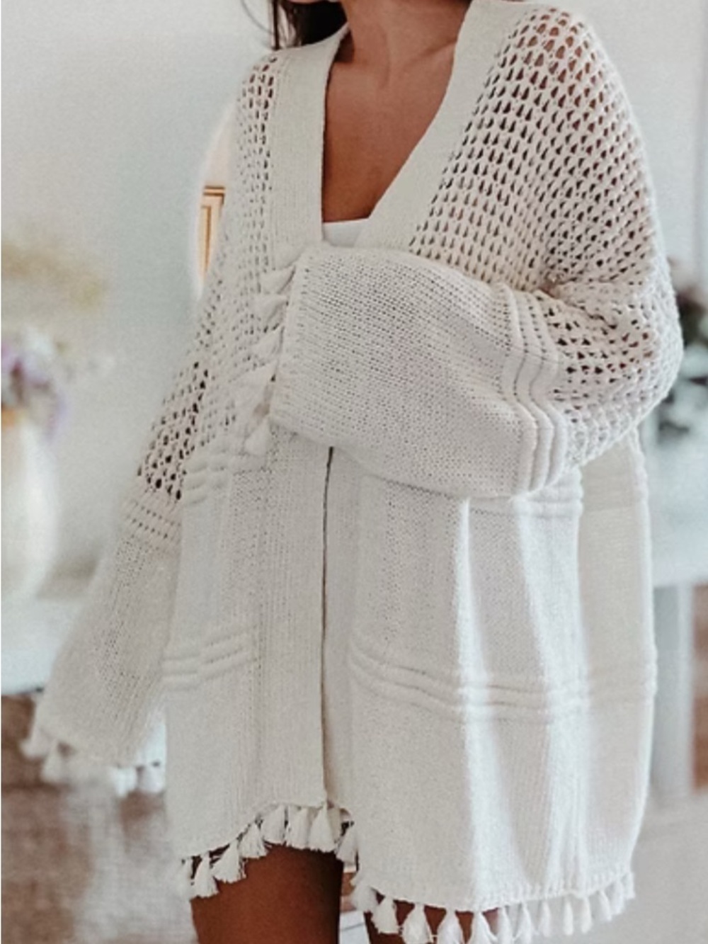 Mango Cream Knit Tassel Cardigan